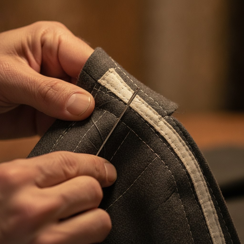 Ceket yakasında elle atılan pad-stitch ve teyel dikiş detayı